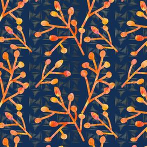 Watercolor Coral Berries on Abstract Print with Navy Background