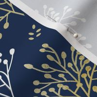 Metallic-Look Berries in Gold and Silver on Navy Background