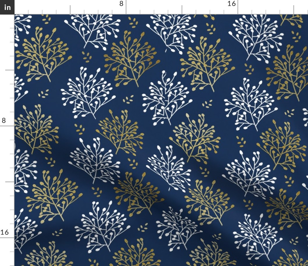 Metallic-Look Berries in Gold and Silver on Navy Background