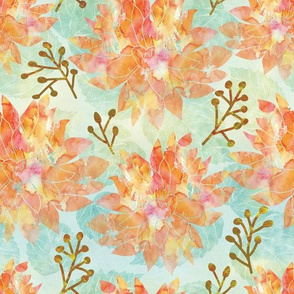 Watercolor Dreams - Coral Lillies and   Green Leaves