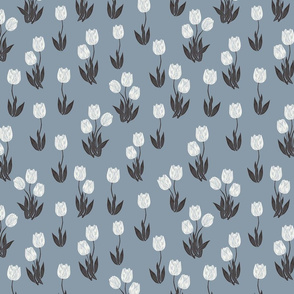tulip fabric - tulip pattern, block print fabric, floral fabric, muted prairie fabric, nursery bedding fabric - denim bone coffee