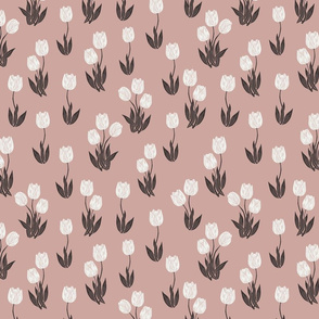 tulip fabric - tulip pattern, block print fabric, floral fabric, muted prairie fabric, nursery bedding fabric - rose bone coffee