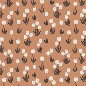 tulip fabric - tulip pattern, block print fabric, floral fabric, muted prairie fabric, nursery bedding fabric -  sandstone bone coffee