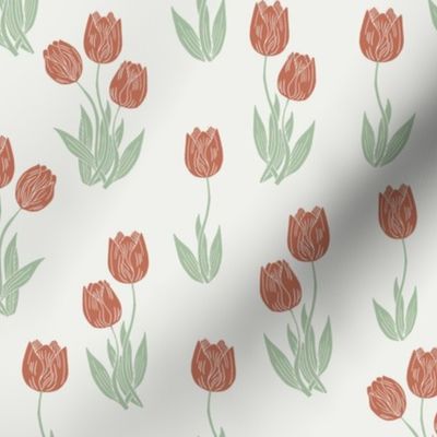 tulip fabric - tulip pattern, block print fabric, floral fabric, muted prairie fabric, nursery bedding fabric - apricot
