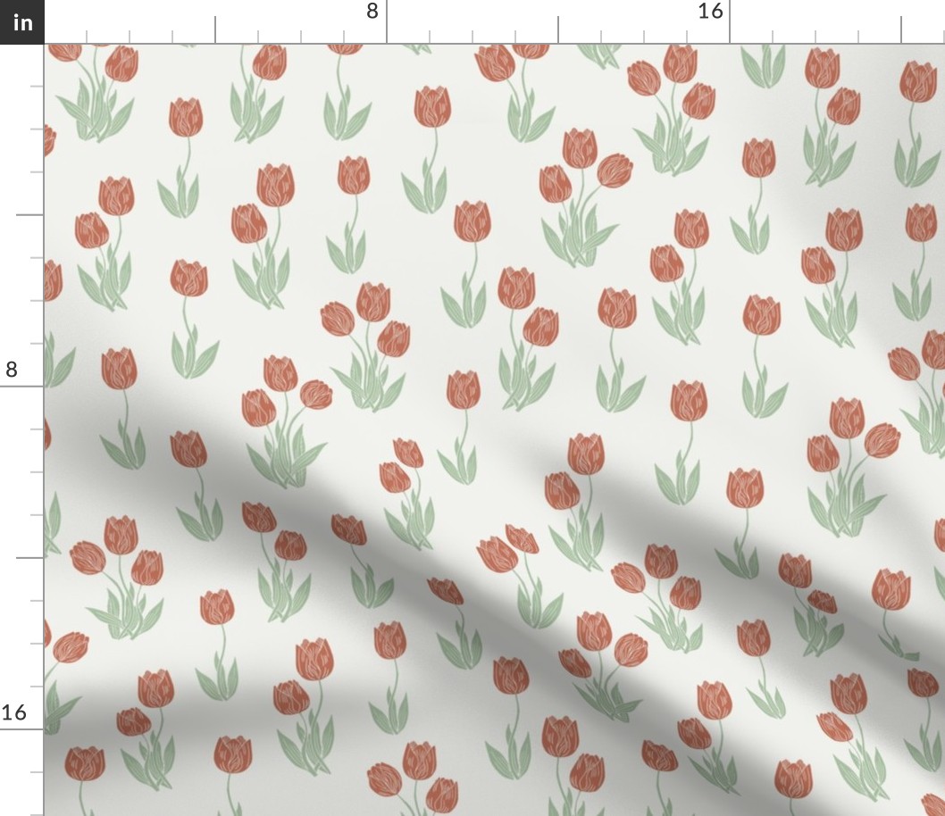 tulip fabric - tulip pattern, block print fabric, floral fabric, muted prairie fabric, nursery bedding fabric - apricot