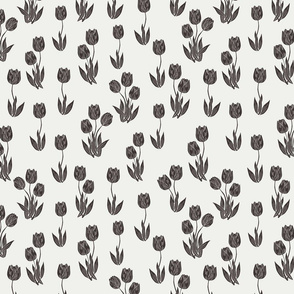 tulip fabric - tulip pattern, block print fabric, floral fabric, muted prairie fabric, nursery bedding fabric - coffee
