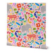 Tropical jungle print with elephant, birds, tiger and toucan in pink