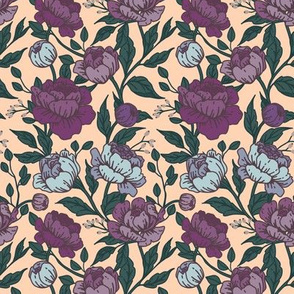 Chintz floral periwinkle on peach - Small