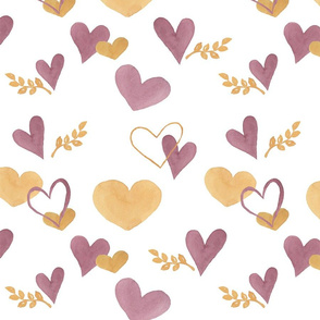 mustard and mauve pattern watercolor hearts