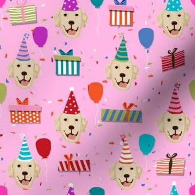 golden retriever birthday fabric - dog birthday, dog fabric, golden retriever dog - pink