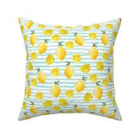 lemon watercolor fabric - watercolor fabric, citrus fruit fabric, lemons fabric, lemon -  mint stripe