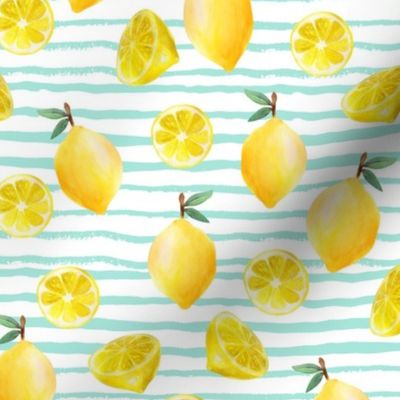lemon watercolor fabric - watercolor fabric, citrus fruit fabric, lemons fabric, lemon -  mint stripe
