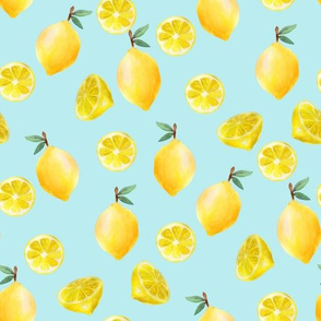 lemon watercolor fabric - watercolor fabric, citrus fruit fabric, lemons fabric, lemon -  light blue