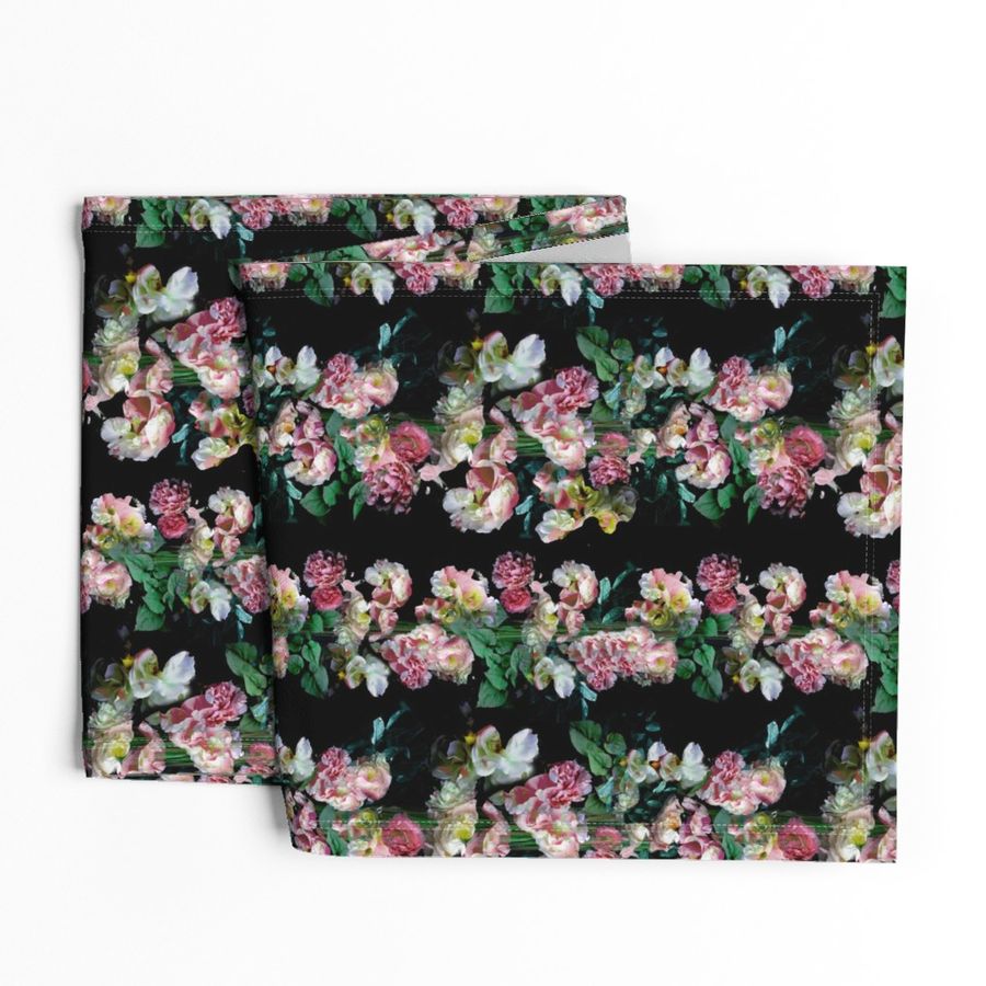 Roses, peonies, leaves, pinks and white on black, Moody floral romantic wallpaper