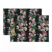 Roses, peonies, leaves, pinks and white on black, Moody floral romantic wallpaper