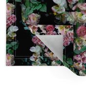 Roses, peonies, leaves, pinks and white on black, Moody floral romantic wallpaper