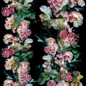 Roses, peonies, leaves, pinks and white on black, Moody floral romantic wallpaper