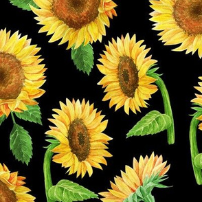 LARGE sunflower watercolor fabric - watercolor fabric, sunflowers fabric, floral fabric, nursery fabric, baby girl fabric - black