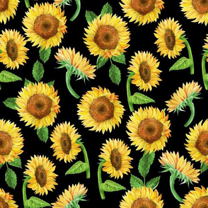 MEDIUM sunflower watercolor fabric - watercolor fabric, sunflowers fabric, floral fabric, nursery fabric, baby girl fabric - black