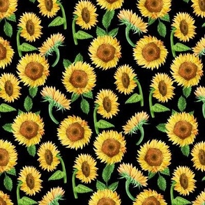 MINI sunflower watercolor fabric - watercolor fabric, sunflowers fabric, floral fabric, nursery fabric, baby girl fabric - black