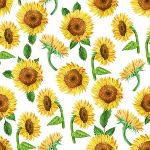 SMALL sunflower watercolor fabric - watercolor fabric, sunflowers fabric, floral fabric, nursery fabric, baby girl fabric - white