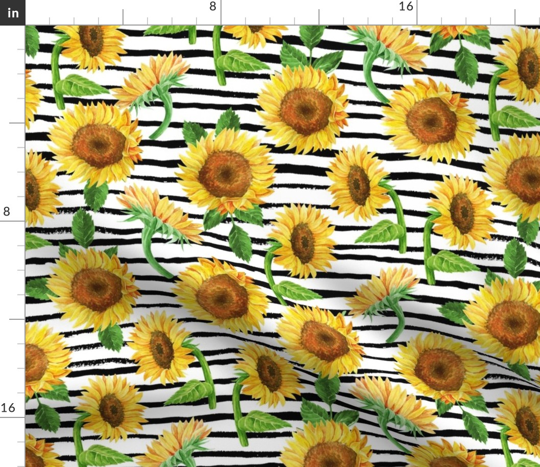 LARGE sunflower watercolor fabric - watercolor fabric, sunflowers fabric, floral fabric, nursery fabric, baby girl fabric - black stripe