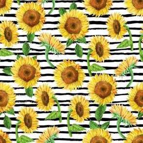 sunflower watercolor fabric - watercolor fabric, sunflowers fabric, floral fabric, nursery fabric, baby girl fabric - black stripe