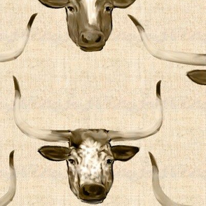 Longhorn Cattle Portraits on Linen Look in Sepia Tone