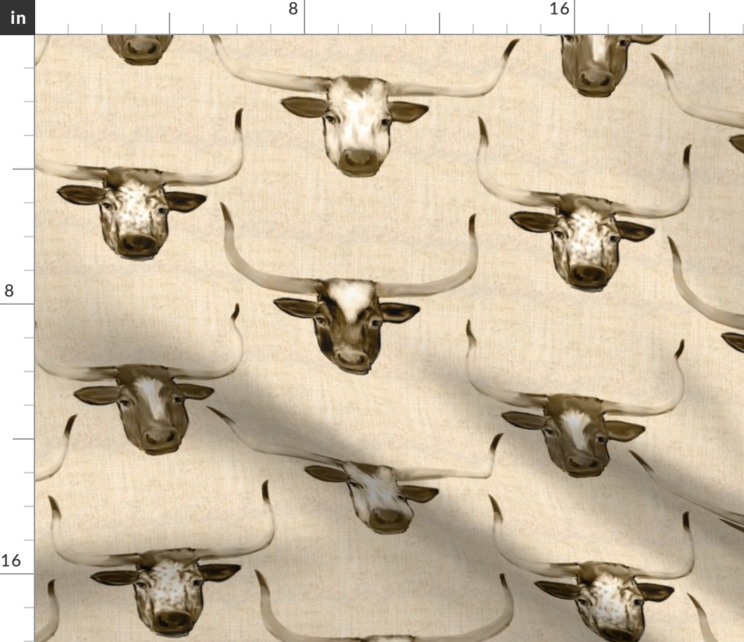Longhorn Cattle Portraits on Linen Look in Sepia Tone