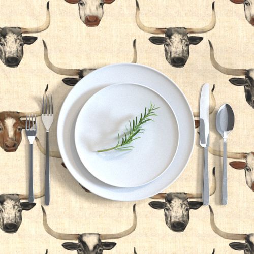 Longhorn Cattle Portraits on Linen look Deep Toned