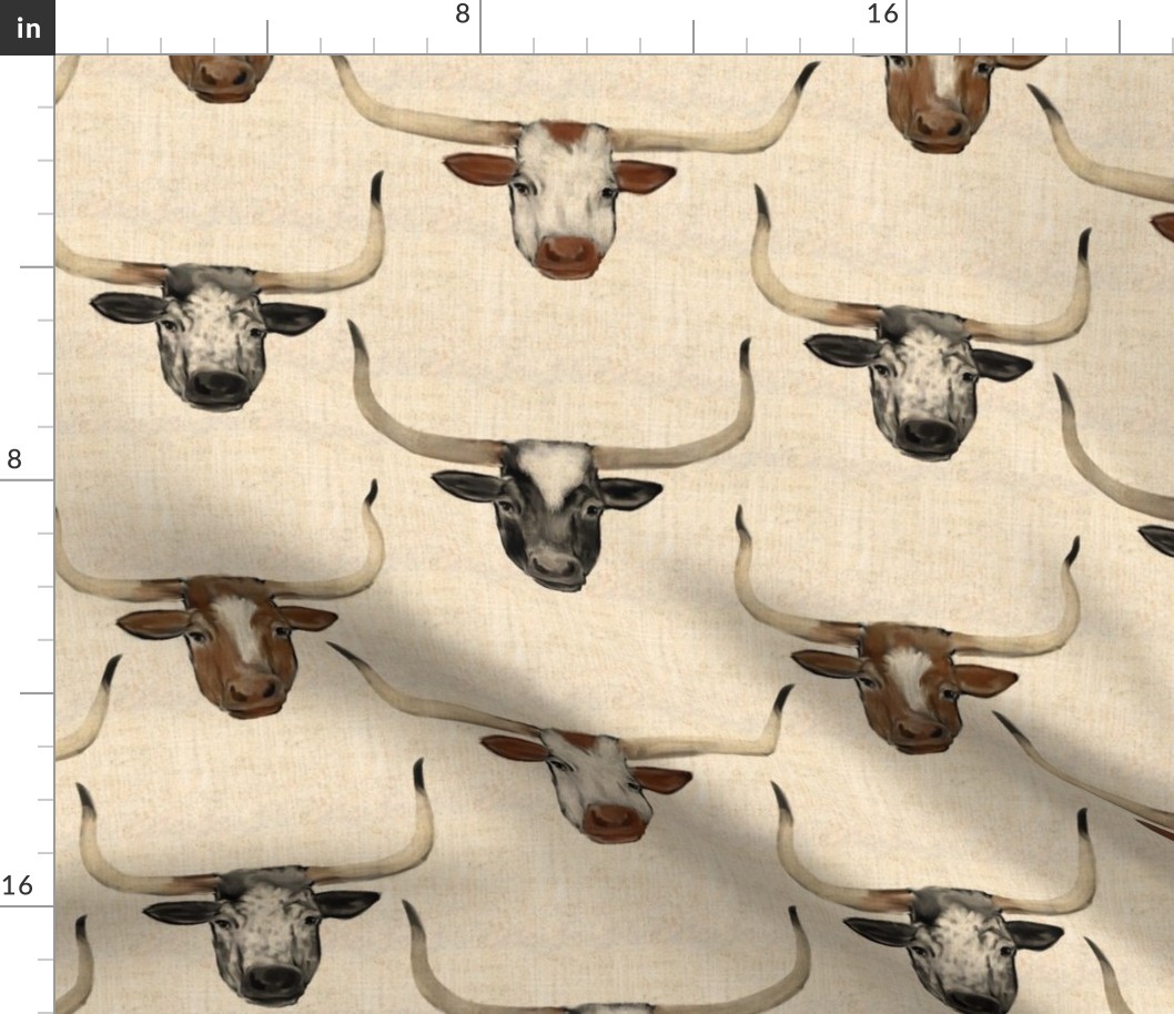 Longhorn Cattle Portraits on Linen look Deep Toned