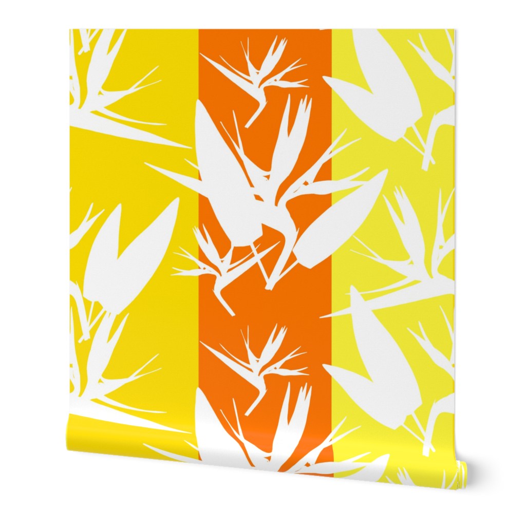 Birds of Paradise - Tropical Strelitzia #4 White Silhouettes on Sunshine Stripes, large 