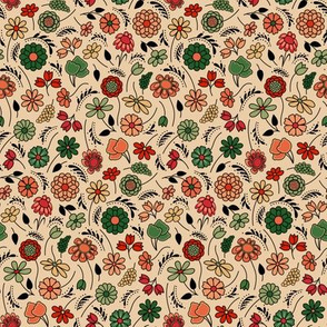 Ditsy Flowers in Country Orange, Green, Red, Peach, Mustard Yellow, Beige, Black