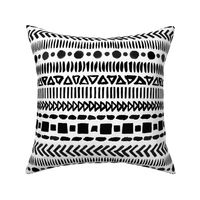 Black and White Geometric Shapes Doodle Stripes - Medium Scale - Mud cloth