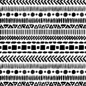 Black and White Geometric Shapes Doodle Stripes - Medium Scale - Mud cloth