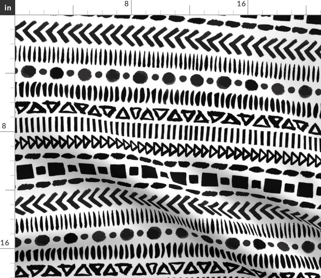 Black and White Geometric Shapes Doodle Stripes - Medium Scale - Mud cloth