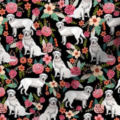 maremma sheepdog floral fabric - dog florals fabric, vintage floral fabric, dog and flowers - black