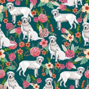 maremma sheepdog floral fabric - dog florals fabric, vintage floral fabric, dog and flowers - dark blue