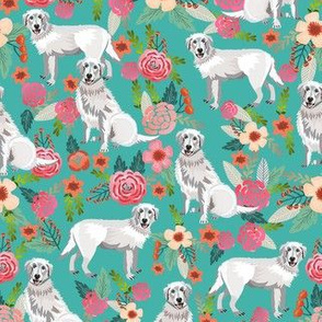 maremma sheepdog floral fabric - dog florals fabric, vintage floral fabric, dog and flowers - turquoise