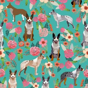 australian koolie dog fabric - german coolie, german collie, australian coolie fabric - dog florals fabric - turquoise