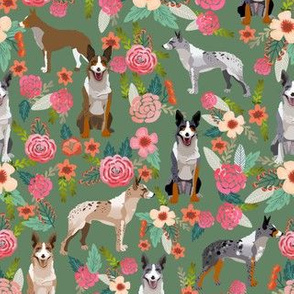 australian koolie dog fabric - german coolie, german collie, australian coolie fabric - dog florals fabric - green