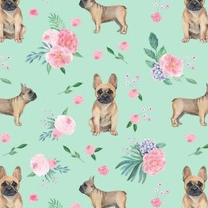 frenchie watercolor fabric - dog fabric, french bulldog, french bulldog watercolor -  mint floral