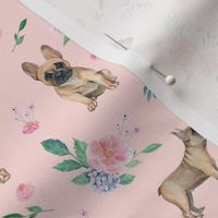 frenchie watercolor fabric - dog fabric, french bulldog, french bulldog watercolor -  pink floral