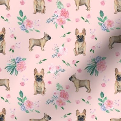 frenchie watercolor fabric - dog fabric, french bulldog, french bulldog watercolor -  pink floral