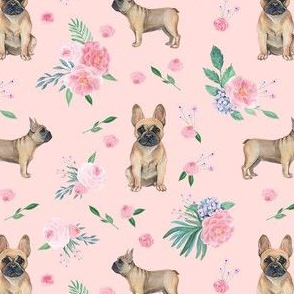 frenchie watercolor fabric - dog fabric, french bulldog, french bulldog watercolor -  pink floral