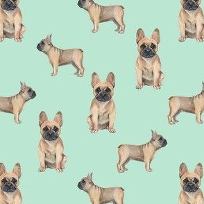 frenchie watercolor fabric - dog fabric, french bulldog, french bulldog watercolor -  mint