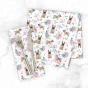 frenchie watercolor fabric - pink florals dog fabric, french bulldog, french bulldog watercolor - white