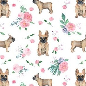 frenchie watercolor fabric - pink florals dog fabric, french bulldog, french bulldog watercolor - white