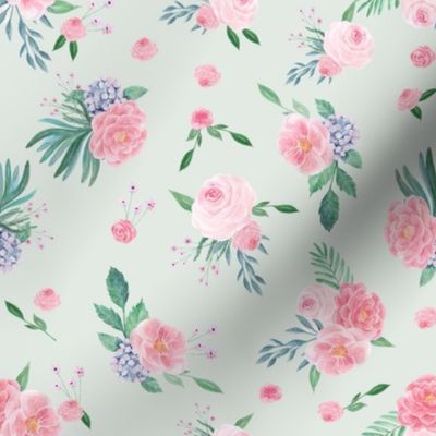 peony watercolor fabric, pink watercolor fabric, floral watercolor, floral watercolours, pink florals  dusty mint