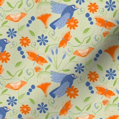 Scandi / blue birds / orange flowers / light green